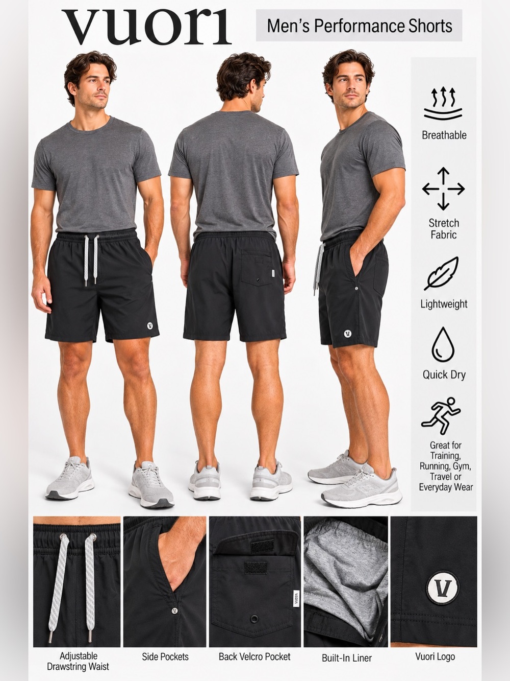 Vuori Men’s Kore Shorts Large Black Lined Performance Athletic Drawstring